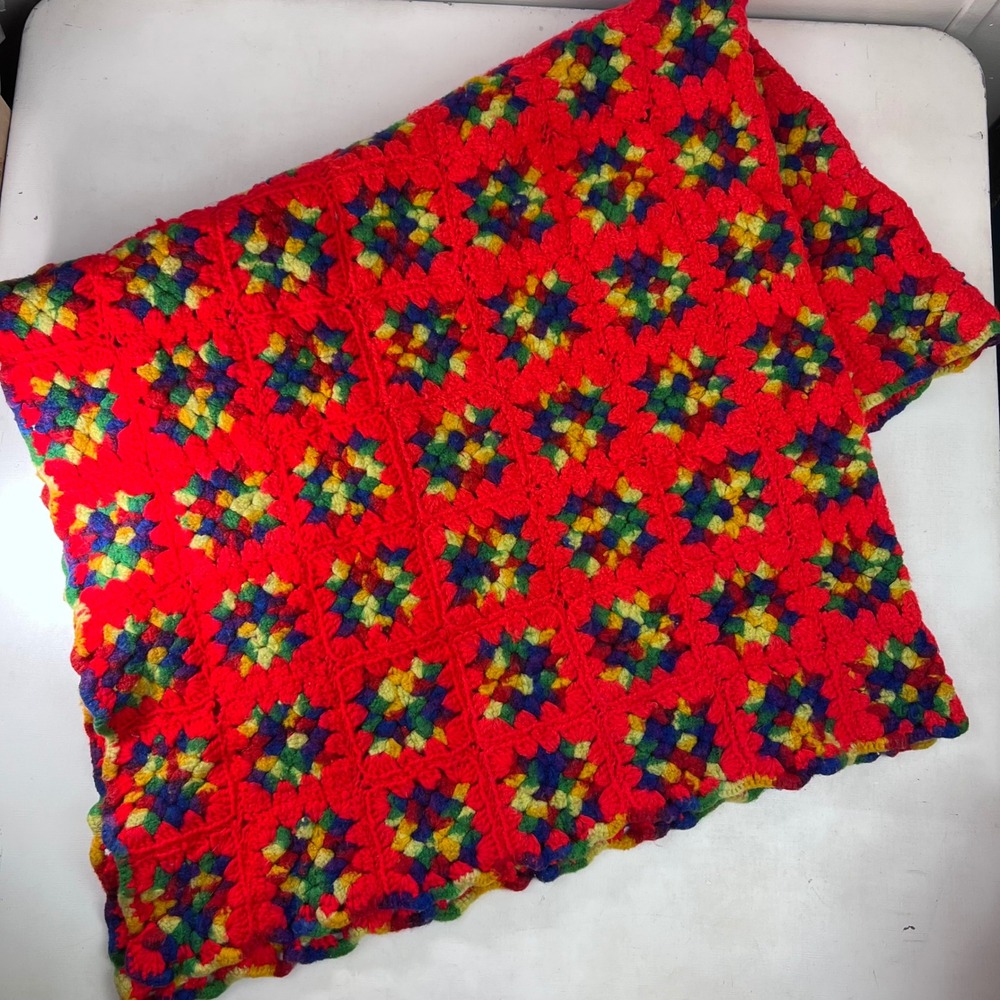 Red Crochet Granny‎ Square Blanket Afghan Colorful Handmade Throw 66x52